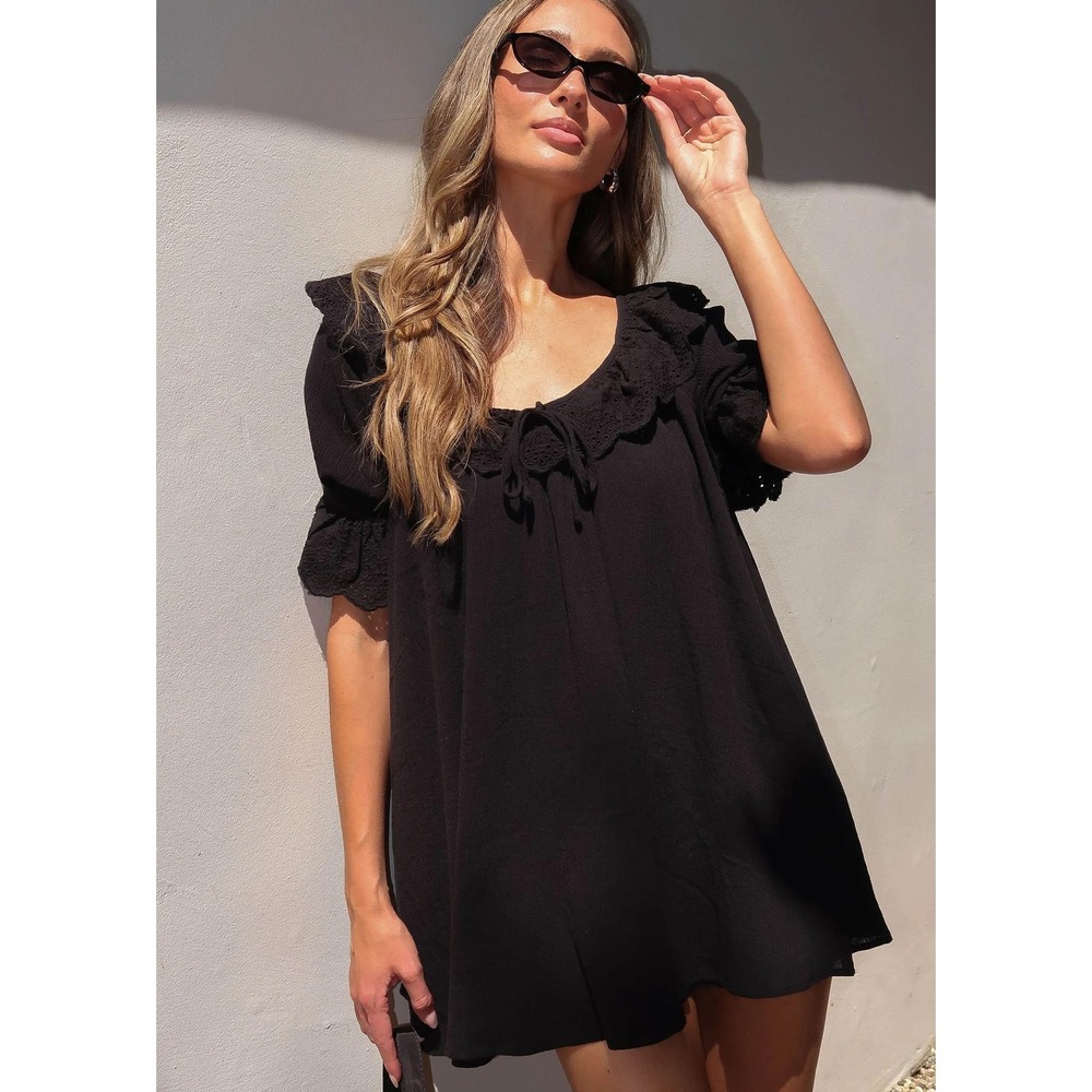 Show Me Your Mumu Toulouse Dress Black Voile Eyelet Ruffle Mini S MM5-6084